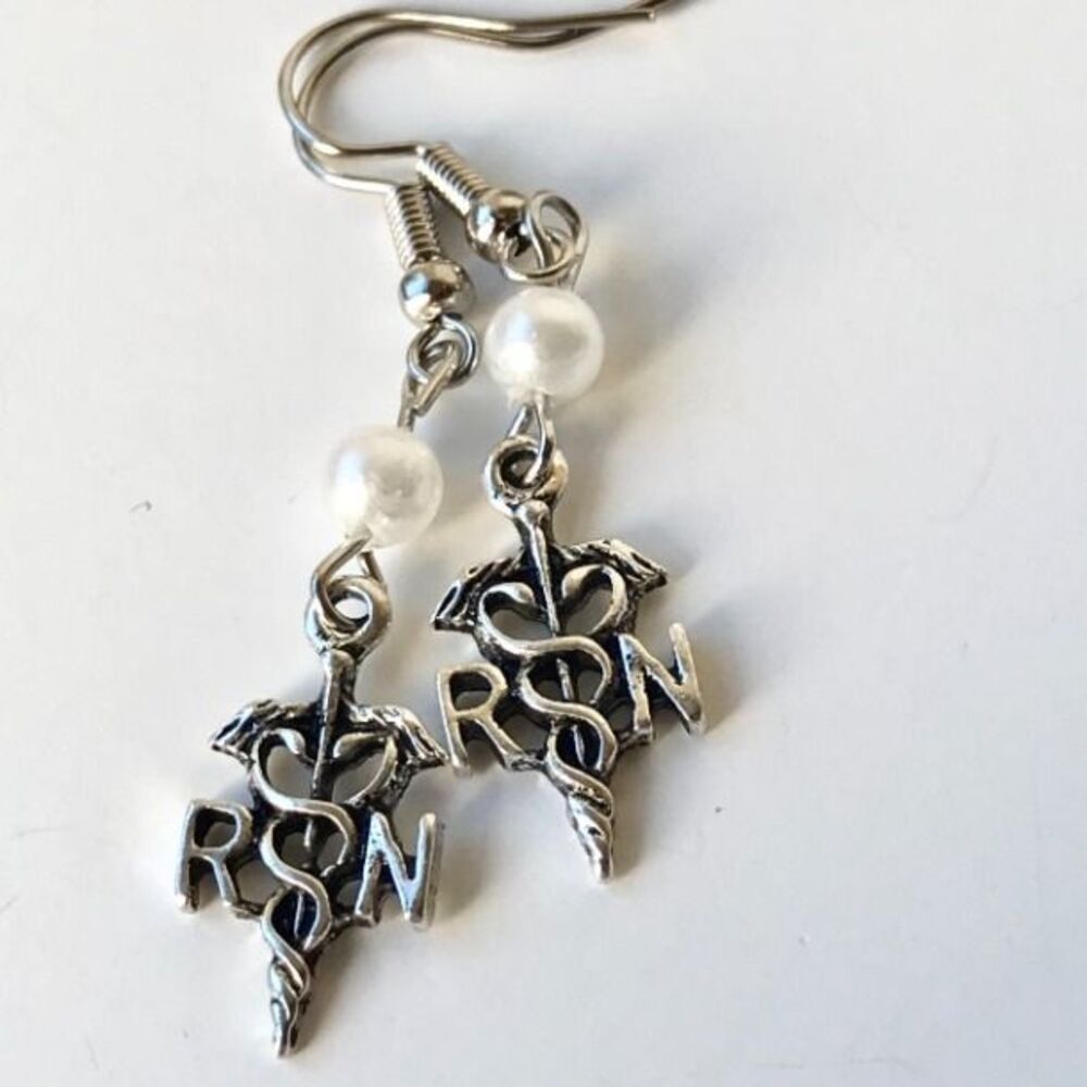 Nursing Caduceus RN Earrings Silver Plated Graduation Gift White Pearl